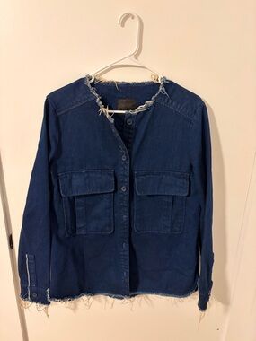 ZARA Denim Raw Fray Edge Distressed Oversized Shirt Jacket Shacket SZ Medium Y2K